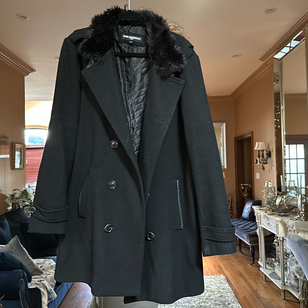 Karl Lagerfeld leather fur acrylic coat XL black chic!